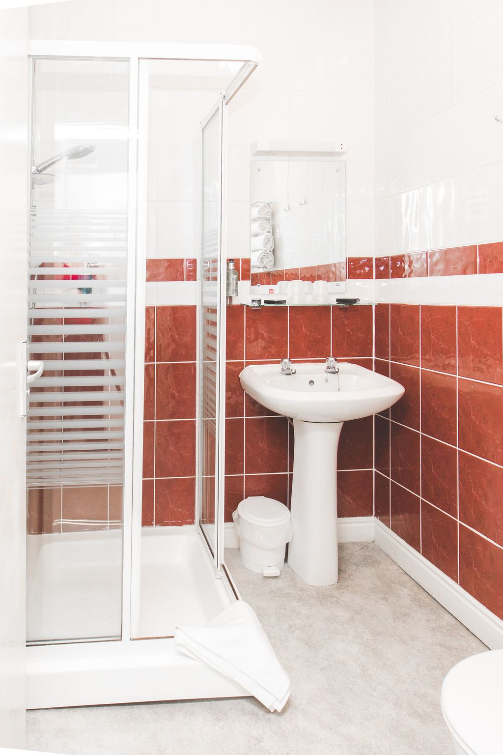 Et badeværelse med glasbrusekabine, et fritstående håndvaskarrangement og et toilet.