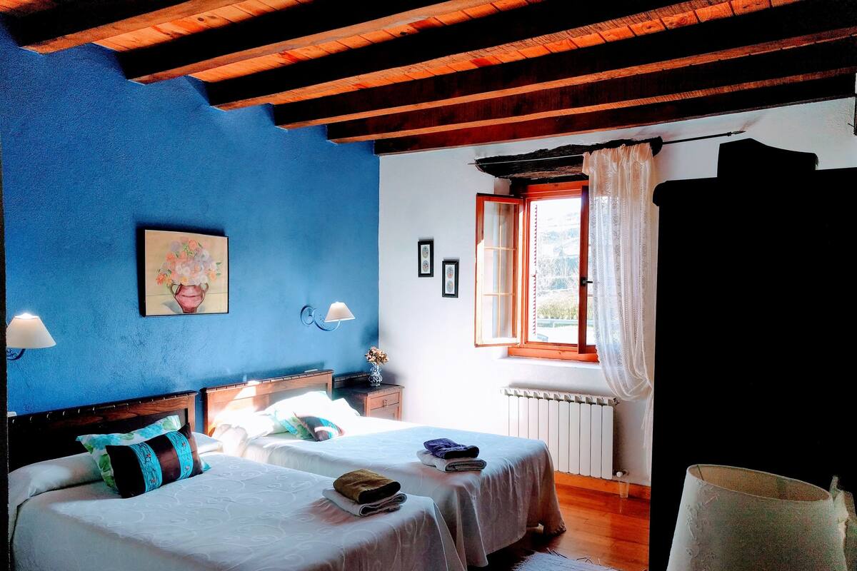 Ein Zimmer mit zwei Betten, einem Fenster mit Vorhängen, einem Heizkörper und einem Gemälde an der Wand.
