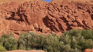 Un paisaje agreste de rocas rojas con abundante vegetación verde en primer plano.