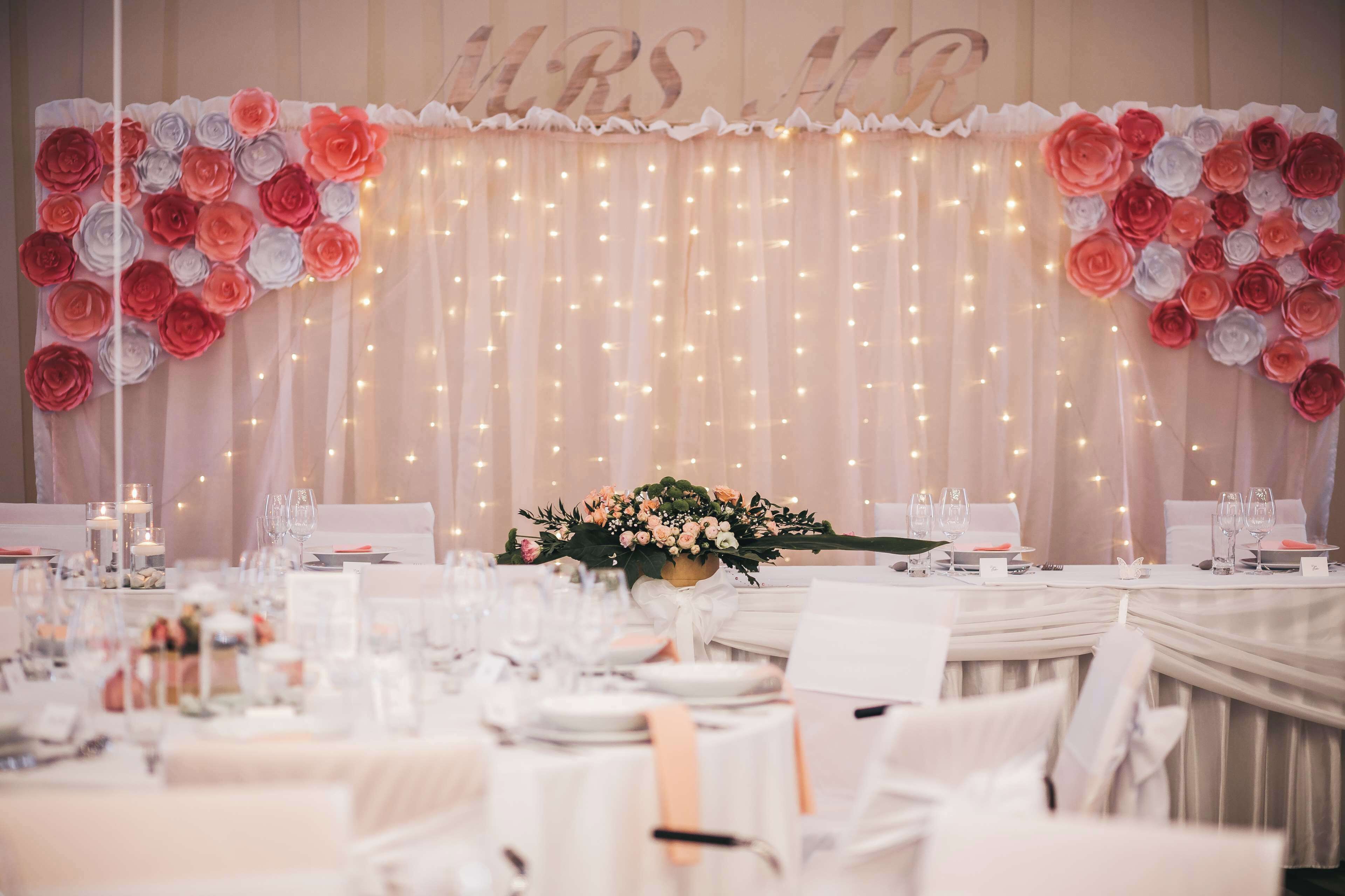 A banquet hall with tables set for a wedding reception, featuring a backdrop with floral arrangements and a 'MRS. & MR. H' sign.