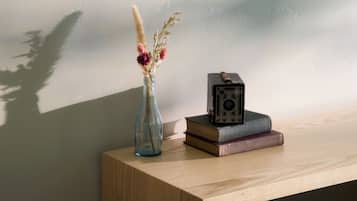A wooden desk with a vase of dried flowers, a camera, and books.