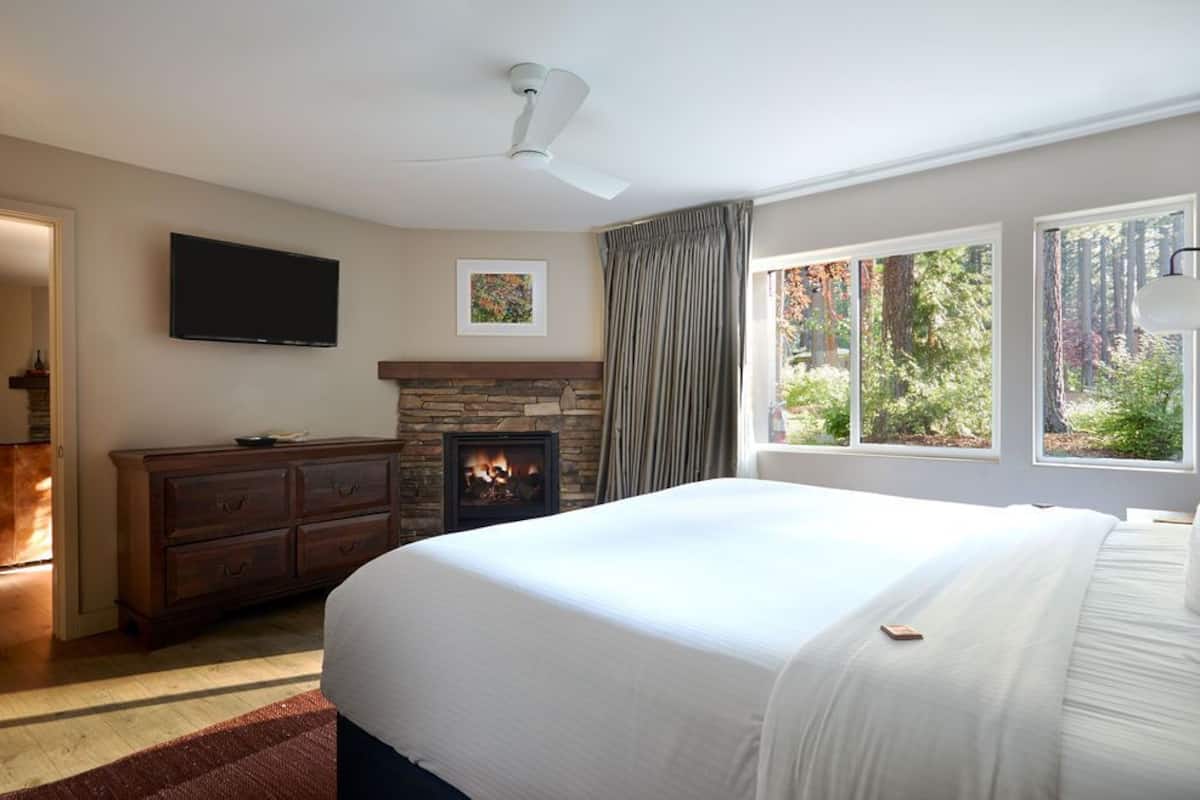 Een slaapkamer met een groot bed, een open haard, een televisie en een raam met uitzicht op bomen.