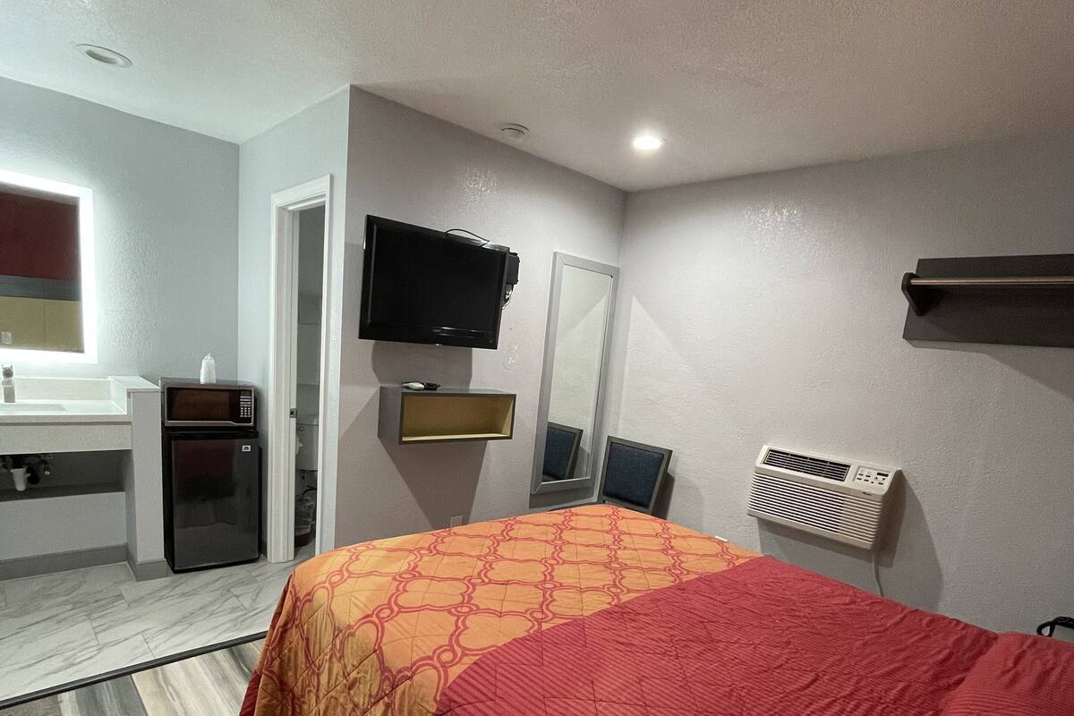 A hotel room with a bed, a television, a microwave, a sink, and a mirror.