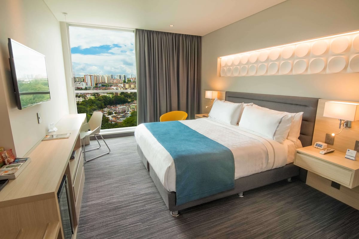 Une chambre d’hôtel avec un grand lit, un bureau avec une chaise, une télévision et une vue sur la ville.