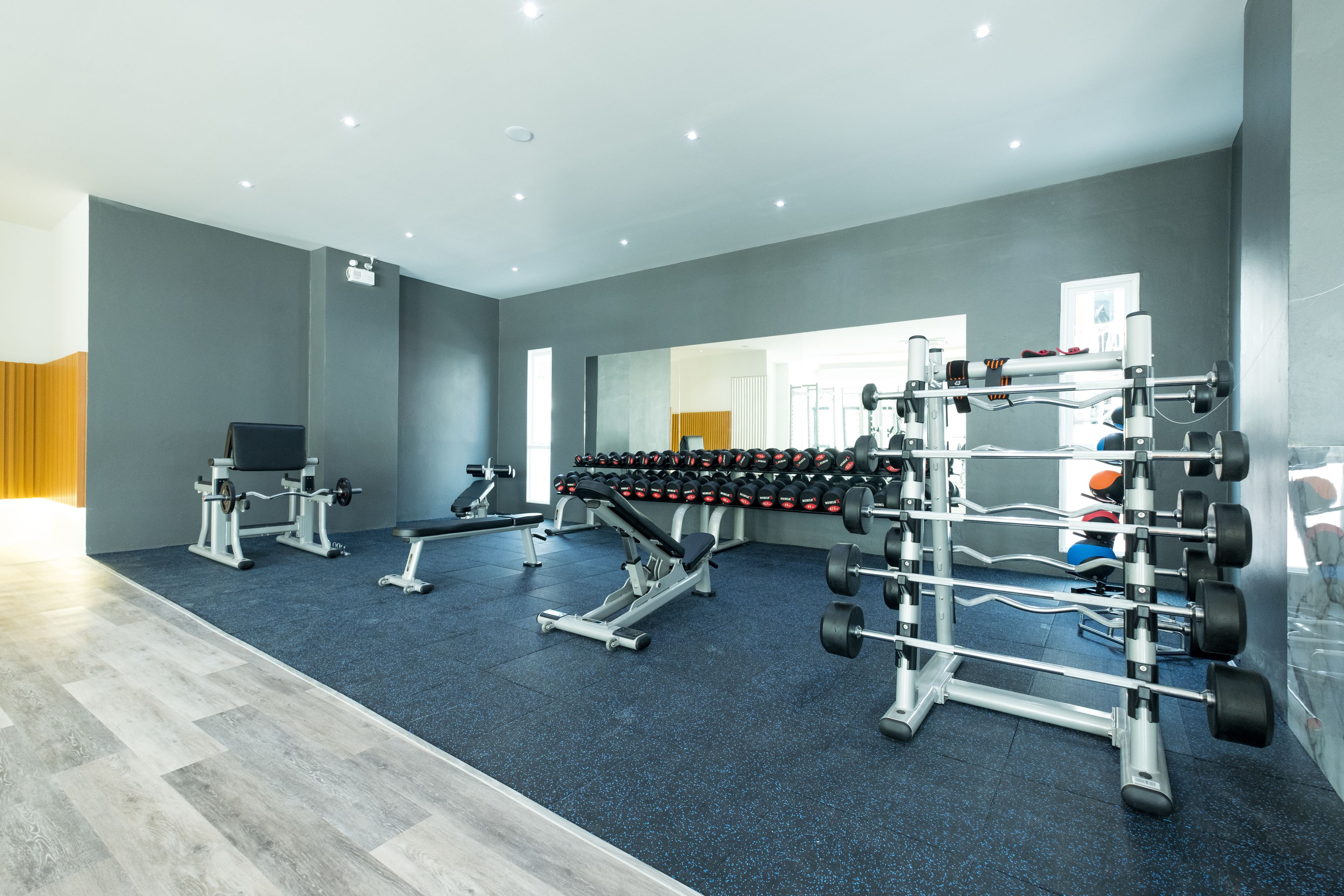 Une salle de sport moderne équipée de divers appareils d’exercice, notamment des haltères, des appareils de musculation et des appareils de cardio.