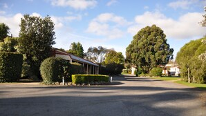 A quiet residential street with houses, well-maintained lawns, and mature trees. - Miner's Retreat Motel (Ballarat East)