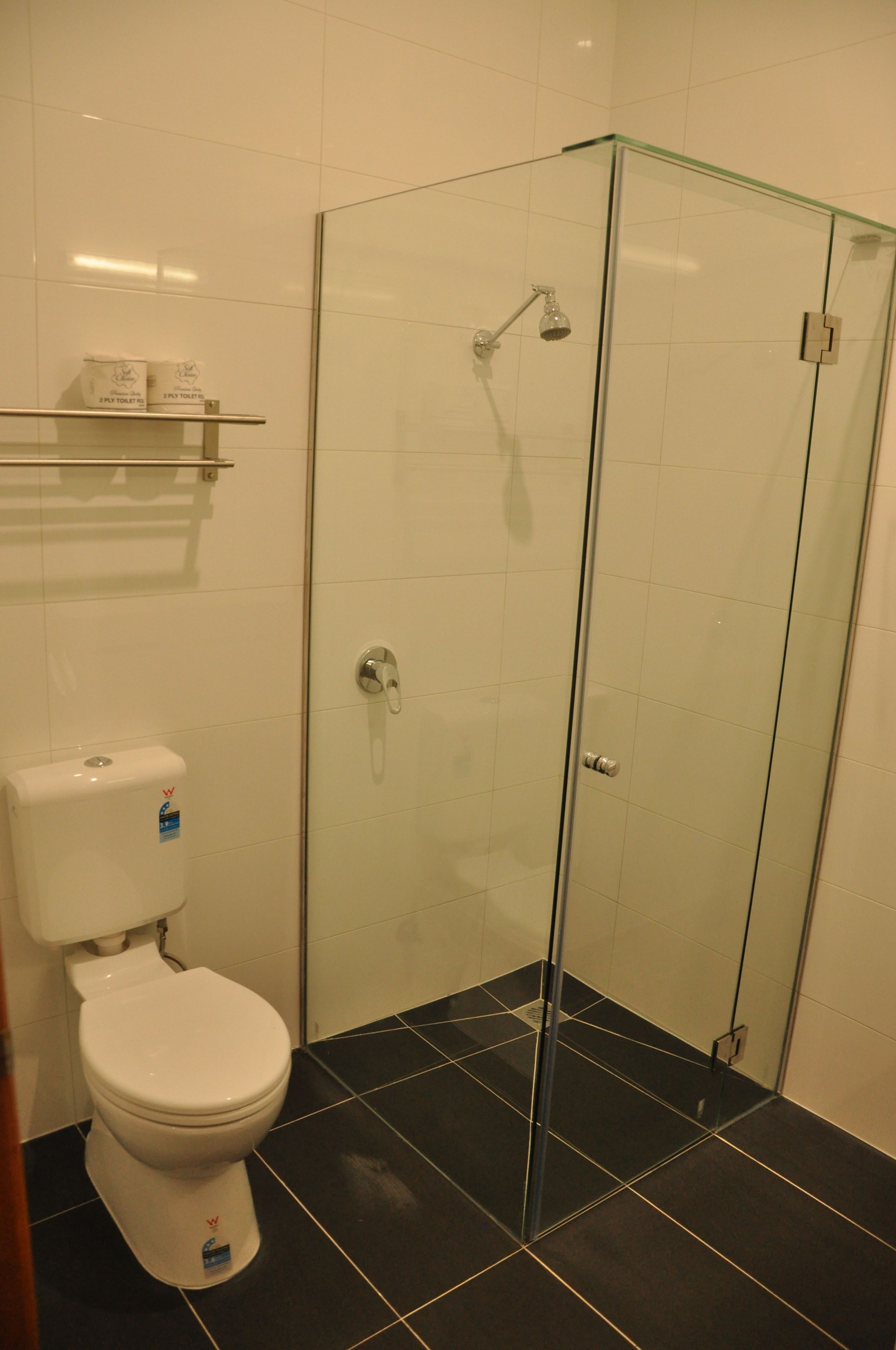 Une salle de bain avec une douche à parois de verre, des toilettes et une étagère contenant des articles de toilette.