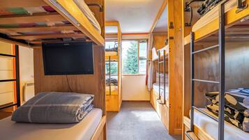 A compact, well-lit cabin with bunk beds, a television, and a window providing a view of the outdoors.