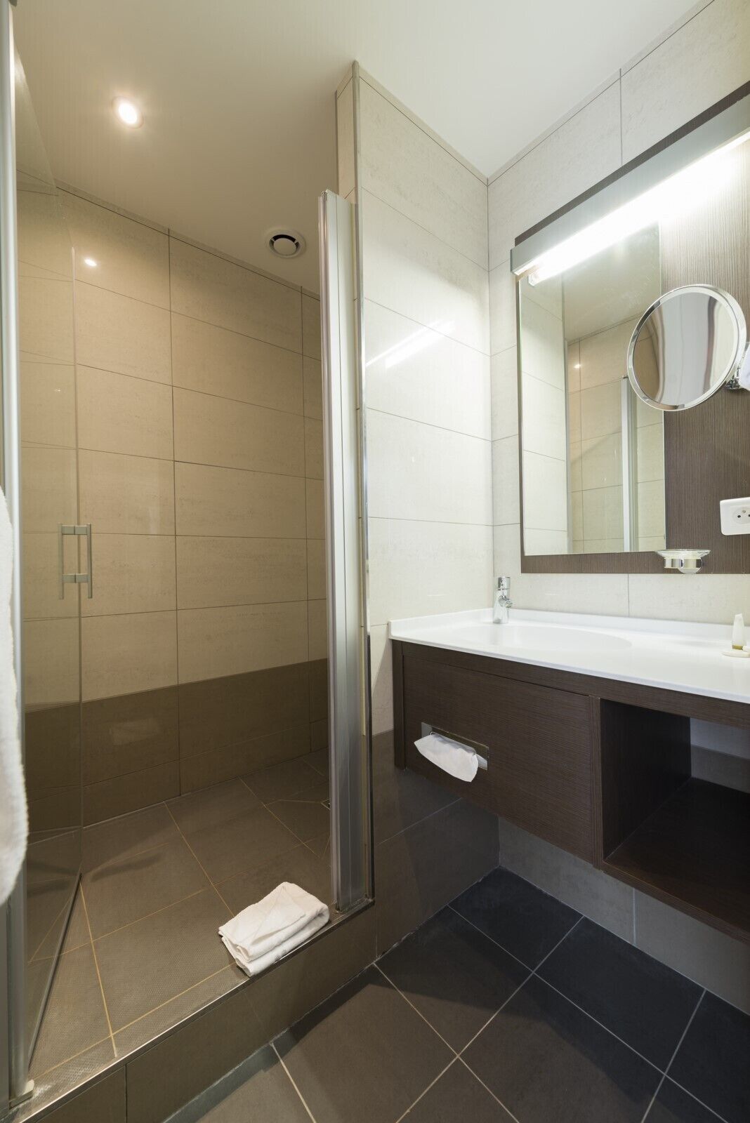 A modern bathroom with a glass-enclosed shower, a white sink, and a large mirror.