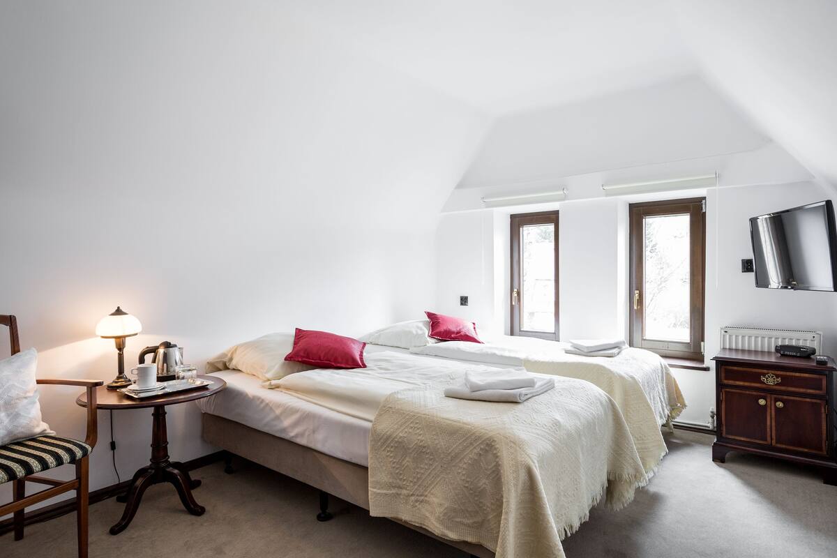 Un dormitorio con dos camas, una mesita de noche con lámpara, una silla y un televisor sobre un aparador.