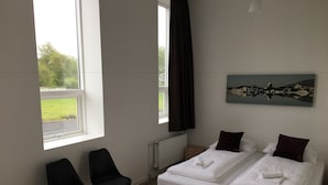 Une chambre d’hôtel avec deux lits simples, une grande fenêtre donnant sur un paysage verdoyant, un tableau au mur et deux chaises noires.