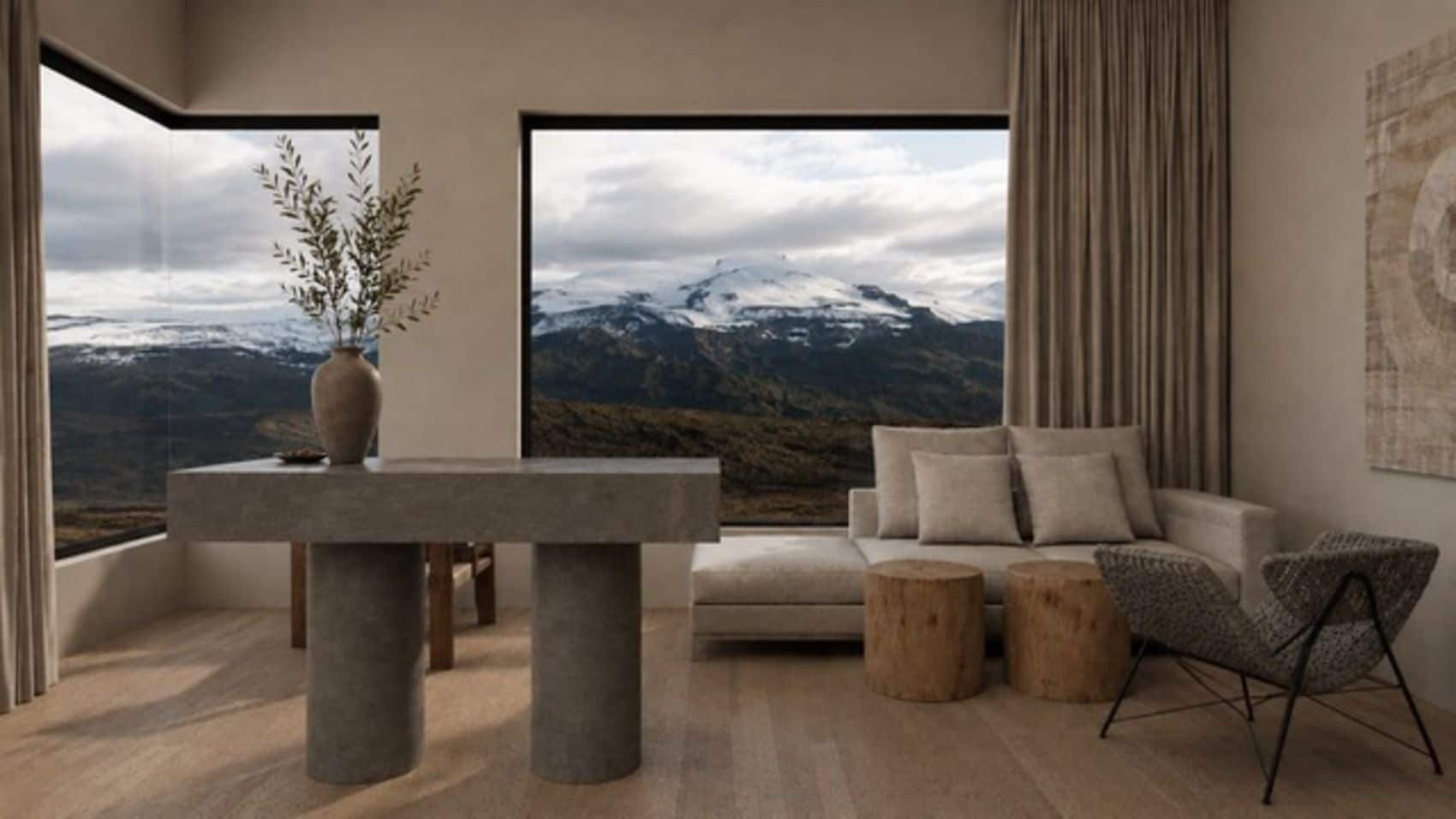 A modern living room with a large window, a sofa, a coffee table, and a decorative vase.