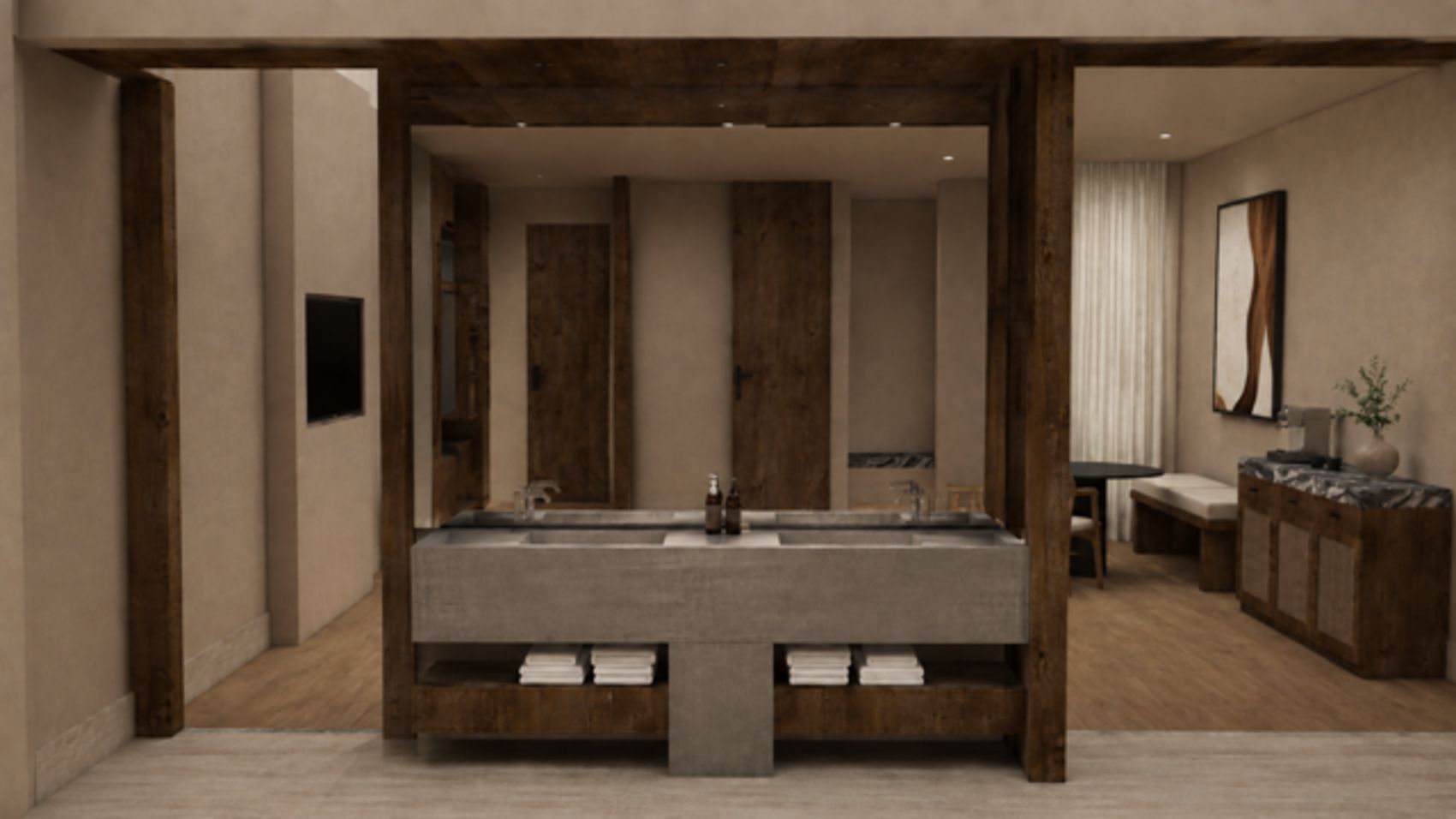 A modern bathroom with a large central sink, wooden beams, and a bench.