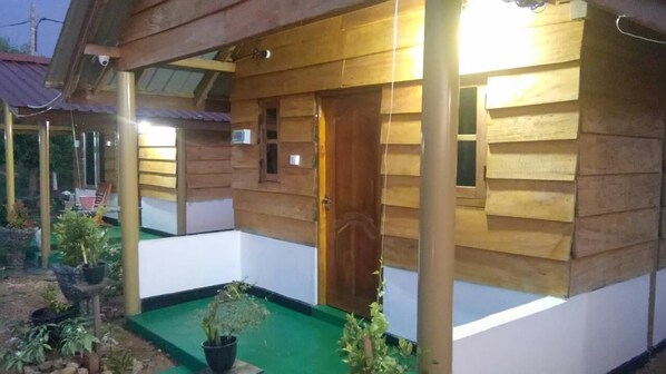 Une cabane en bois avec un toit vert, une porte en bois et une petite fenêtre. Des plantes en pot sont disposées à l’extérieur.