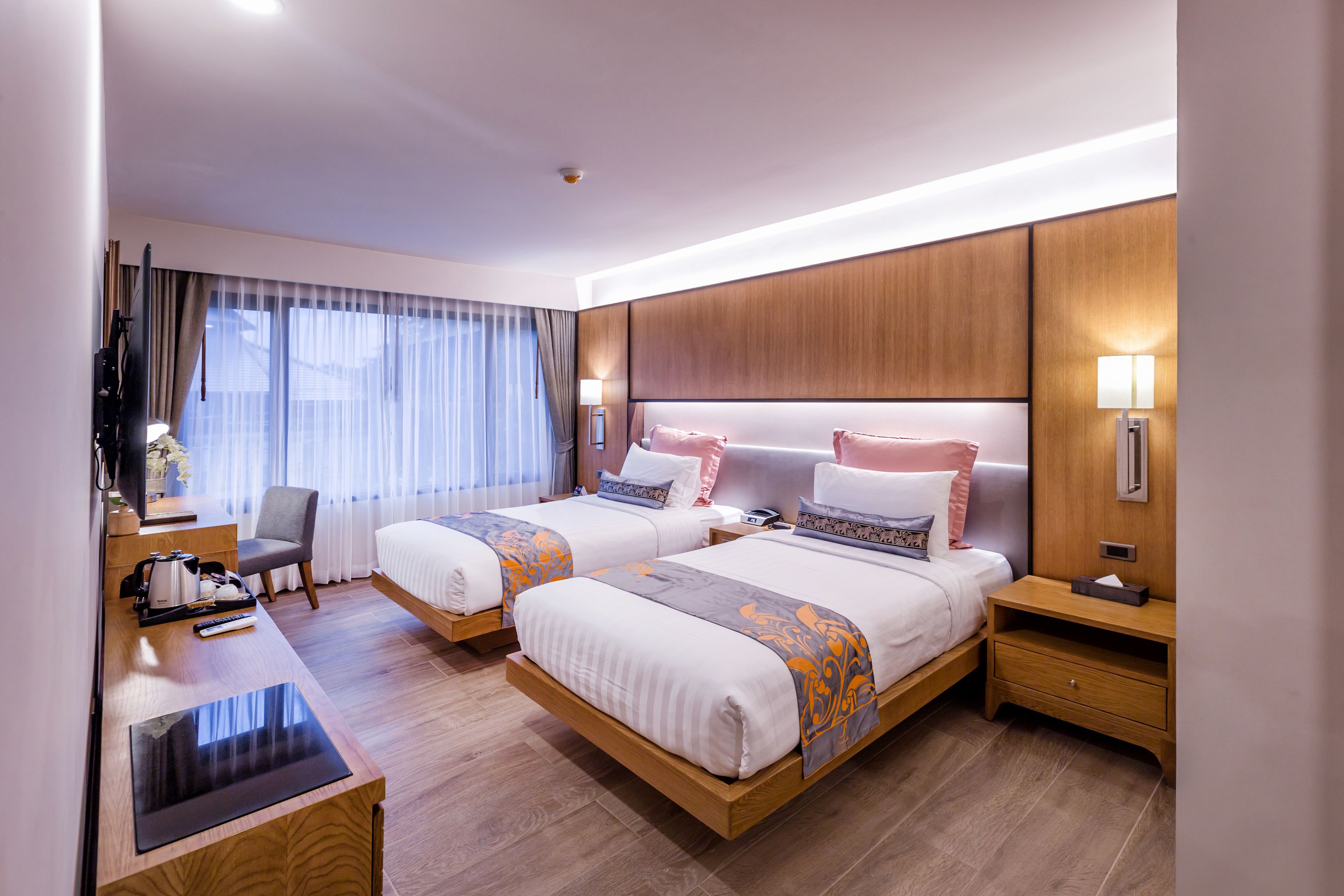 superior twin room, 2 single beds, non smoking, pool view | in-room safe, desk, laptop workspace, blackout curtains