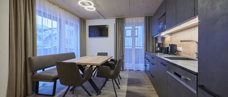 Panoramic Penthouse, 2 Bedrooms, Kitchen, Mountain View | Private kitchen | Full-sized fridge, microwave, coffee/tea maker, electric kettle