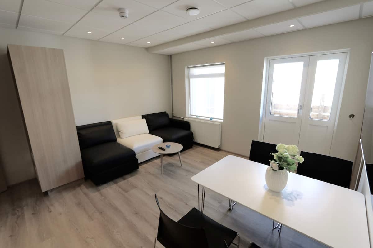 A modern living room with a black sofa, a white coffee table, and a dining table with chairs. There is a window providing natural light and a door to the right.