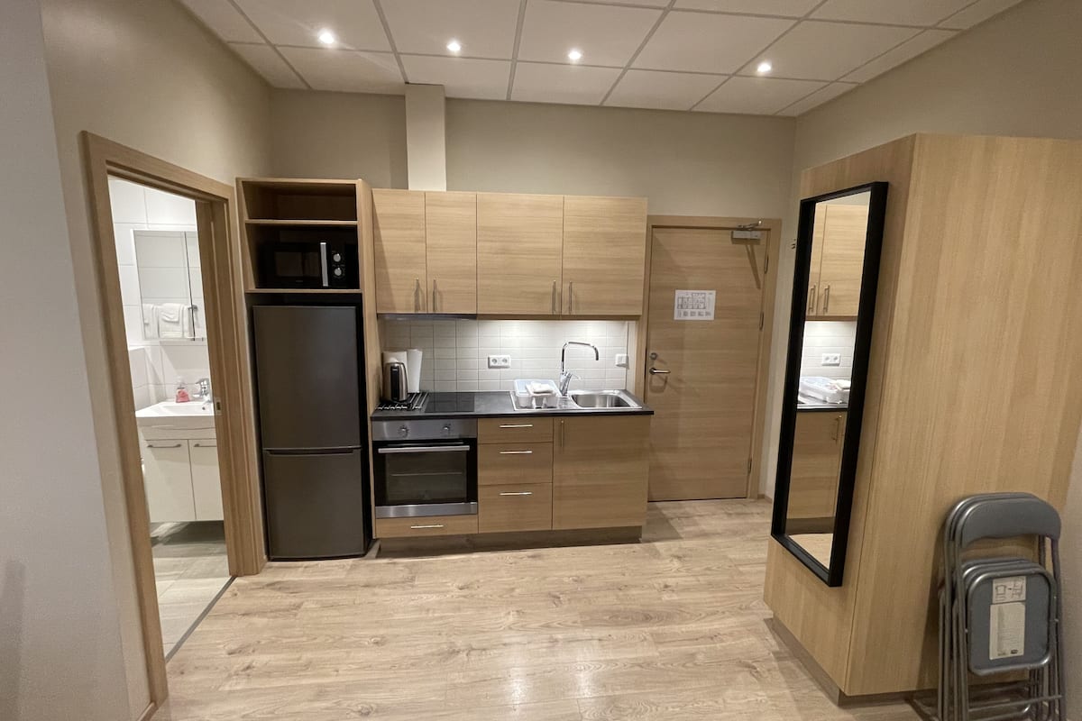 Deluxe Studio | Private kitchen | Full-size fridge, microwave, oven, stovetop