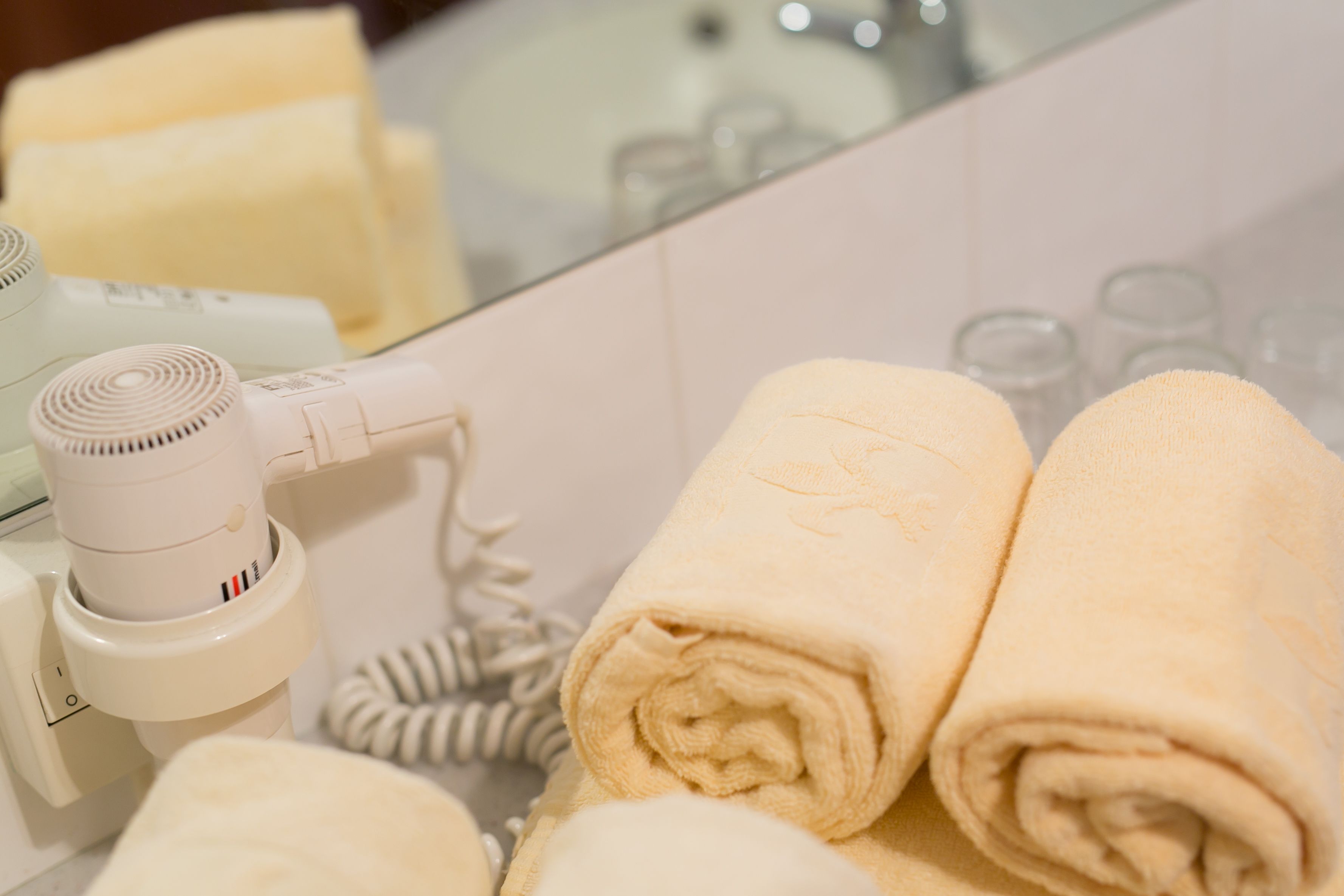 free toiletries, hair dryer, towels, shampoo