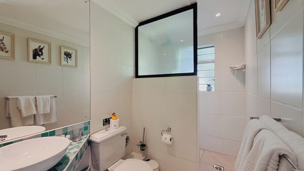 Une salle de bain équipée de toilettes, d’un lavabo et d’un grand miroir. Des serviettes sont accrochées au mur et une fenêtre laisse entrer la lumière naturelle.