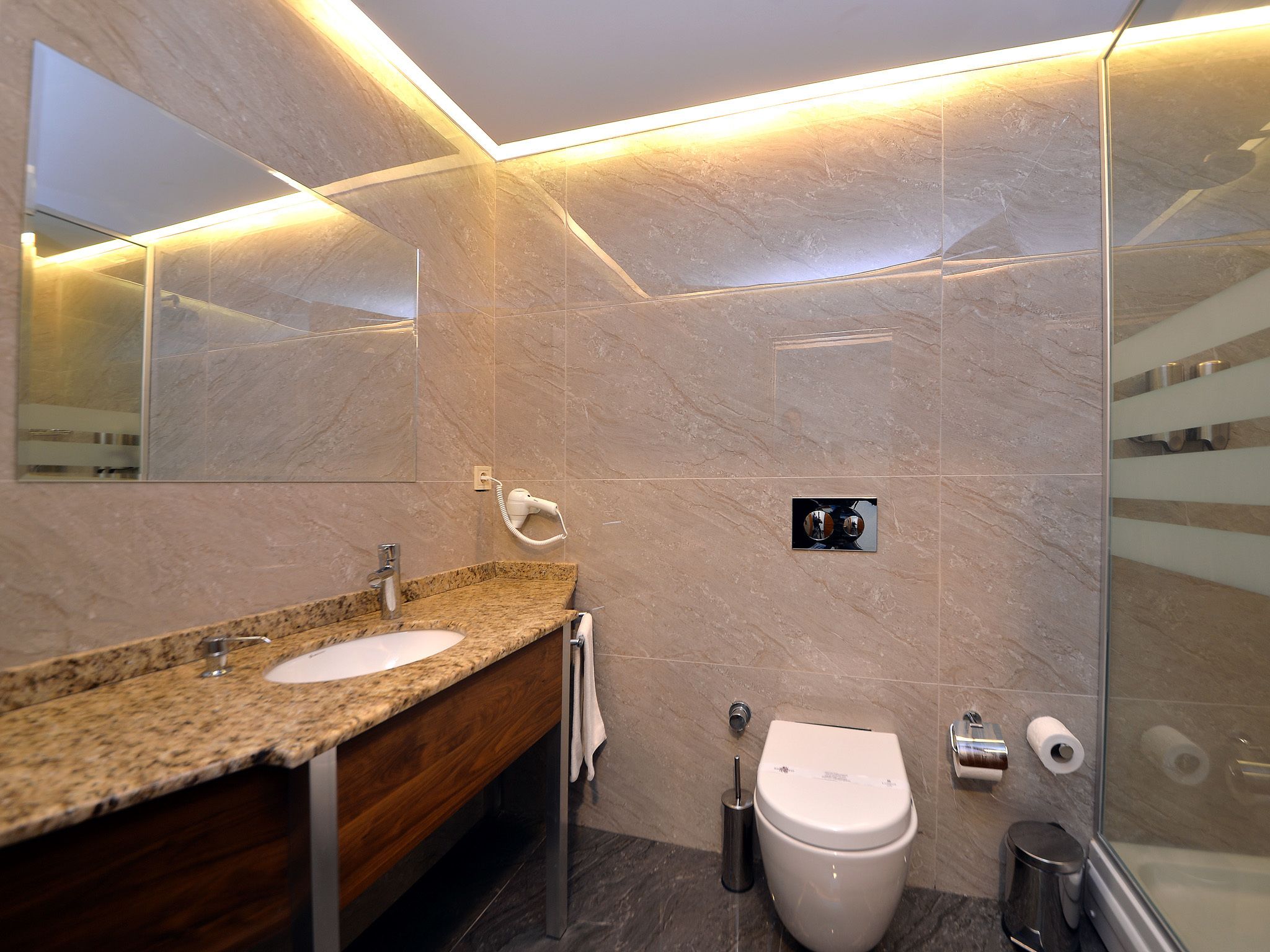 free toiletries, hair dryer, slippers, towels