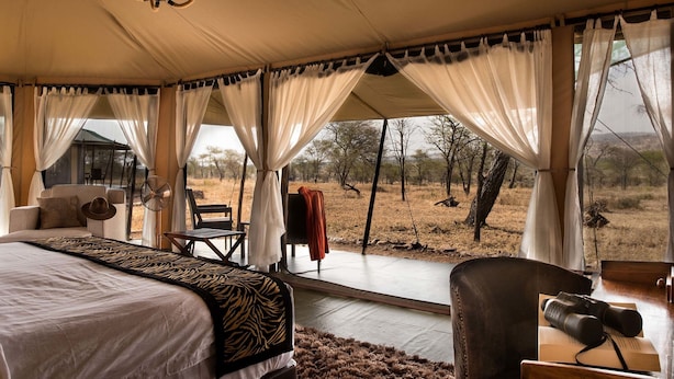 A tented room with a bed, a chair, a table, and a fan. - Ole Serai Luxury Camp (Bariadi)