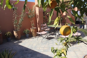 Un patio al aire libre con macetas, una mesa y sillas.