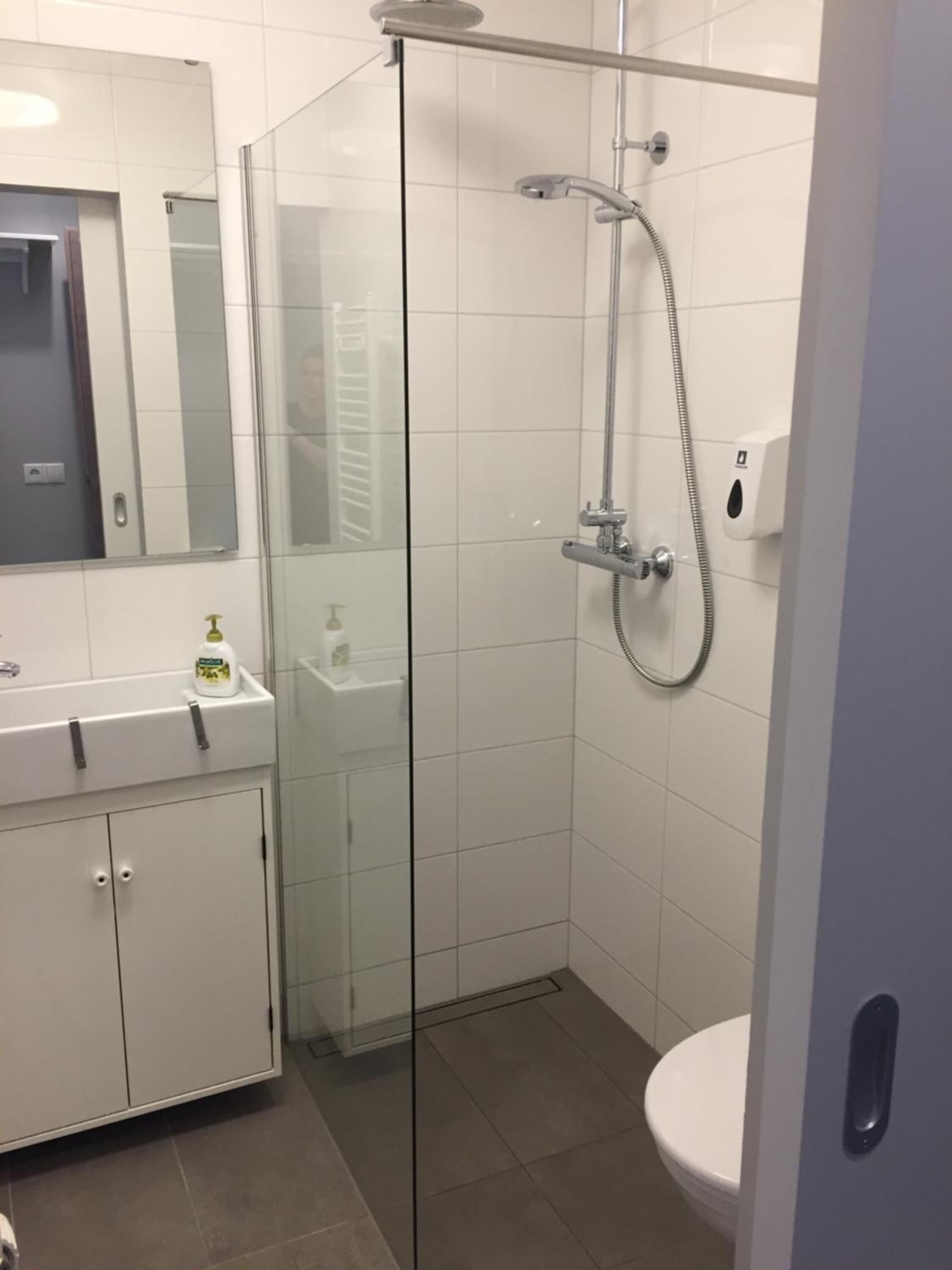 A modern bathroom with a glass shower enclosure, a white sink, and a toilet.