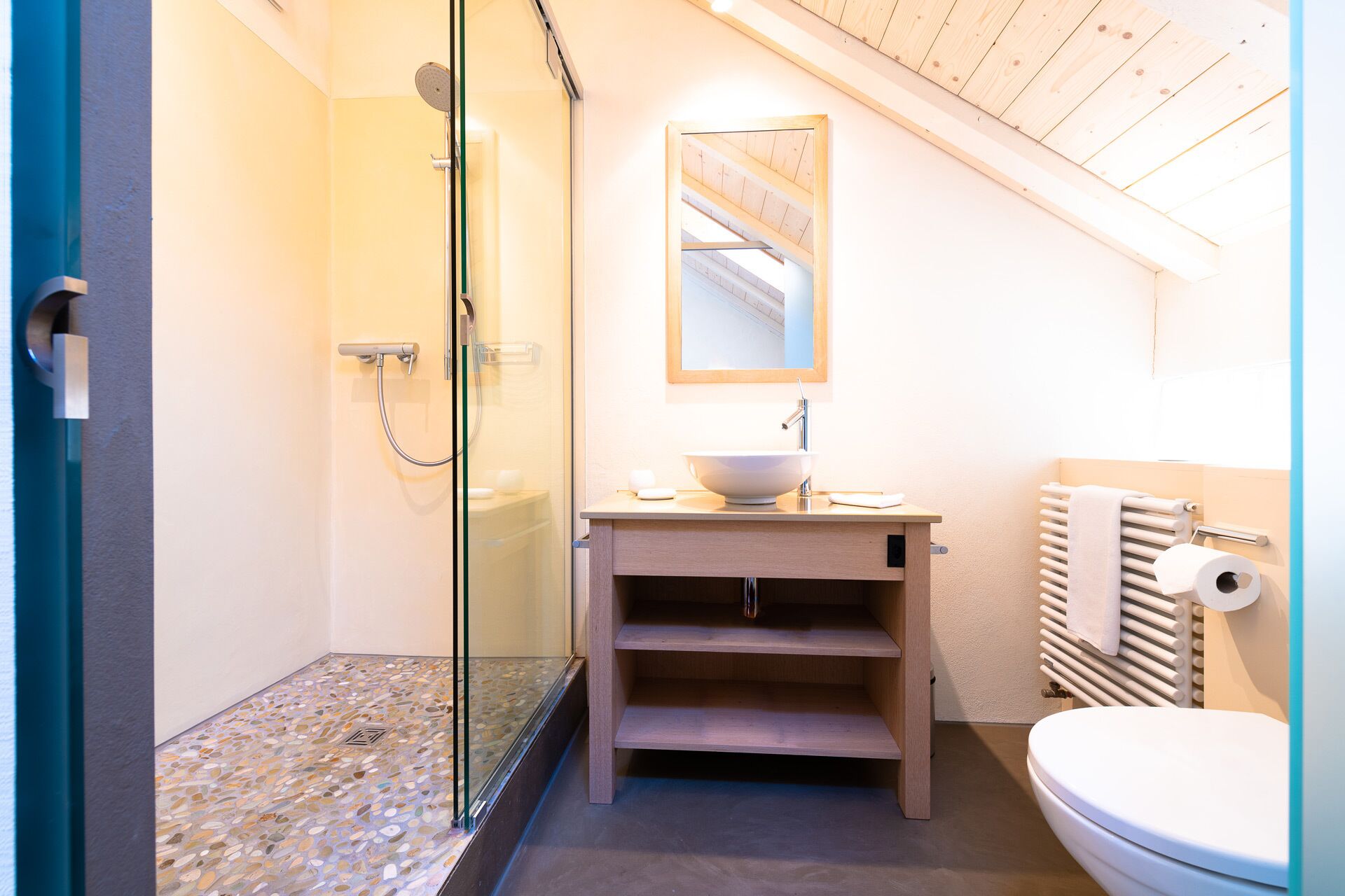 Een moderne badkamer met een douchecabine van glas, een houten wastafelmeubel met een wastafel en een toilet.