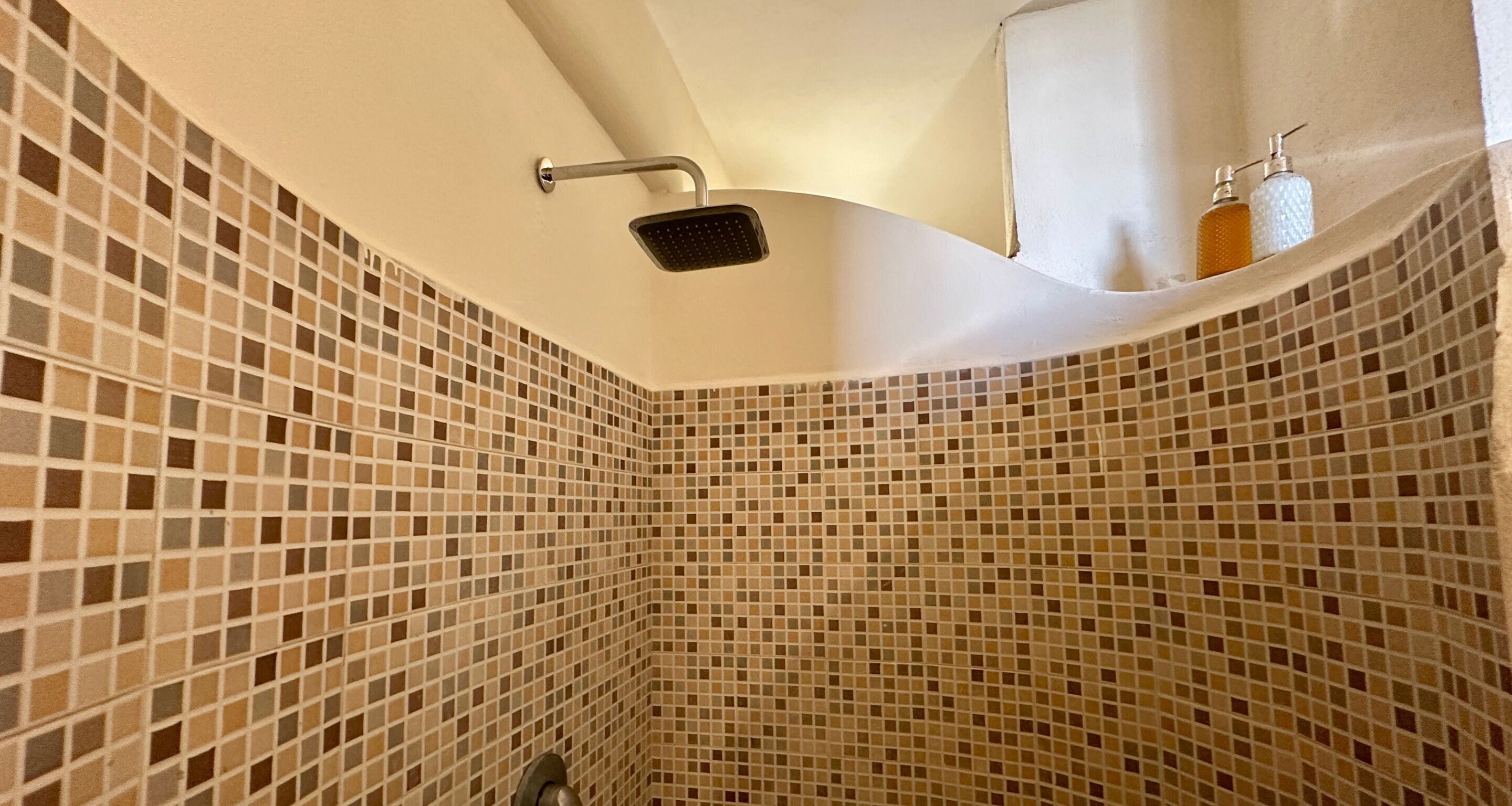 A bathroom with mosaic tile walls, a shower with a curved ceiling, and a small shelf with toiletries.