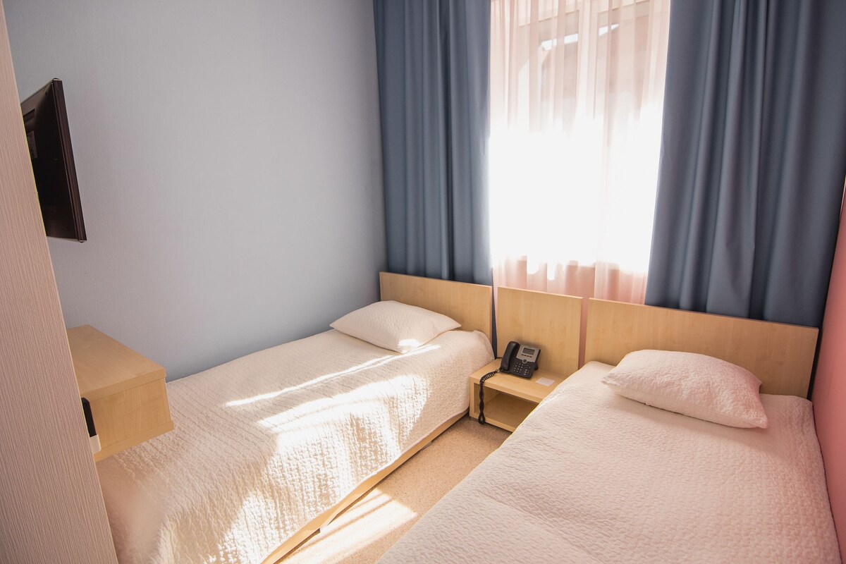 Une chambre double avec deux lits, une table de chevet avec un téléphone et un téléviseur fixé au mur.