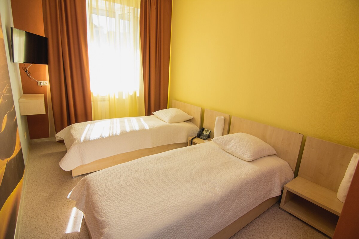 Une chambre d’hôtel avec deux lits simples, une table de chevet avec un téléphone et un téléviseur fixé au mur.