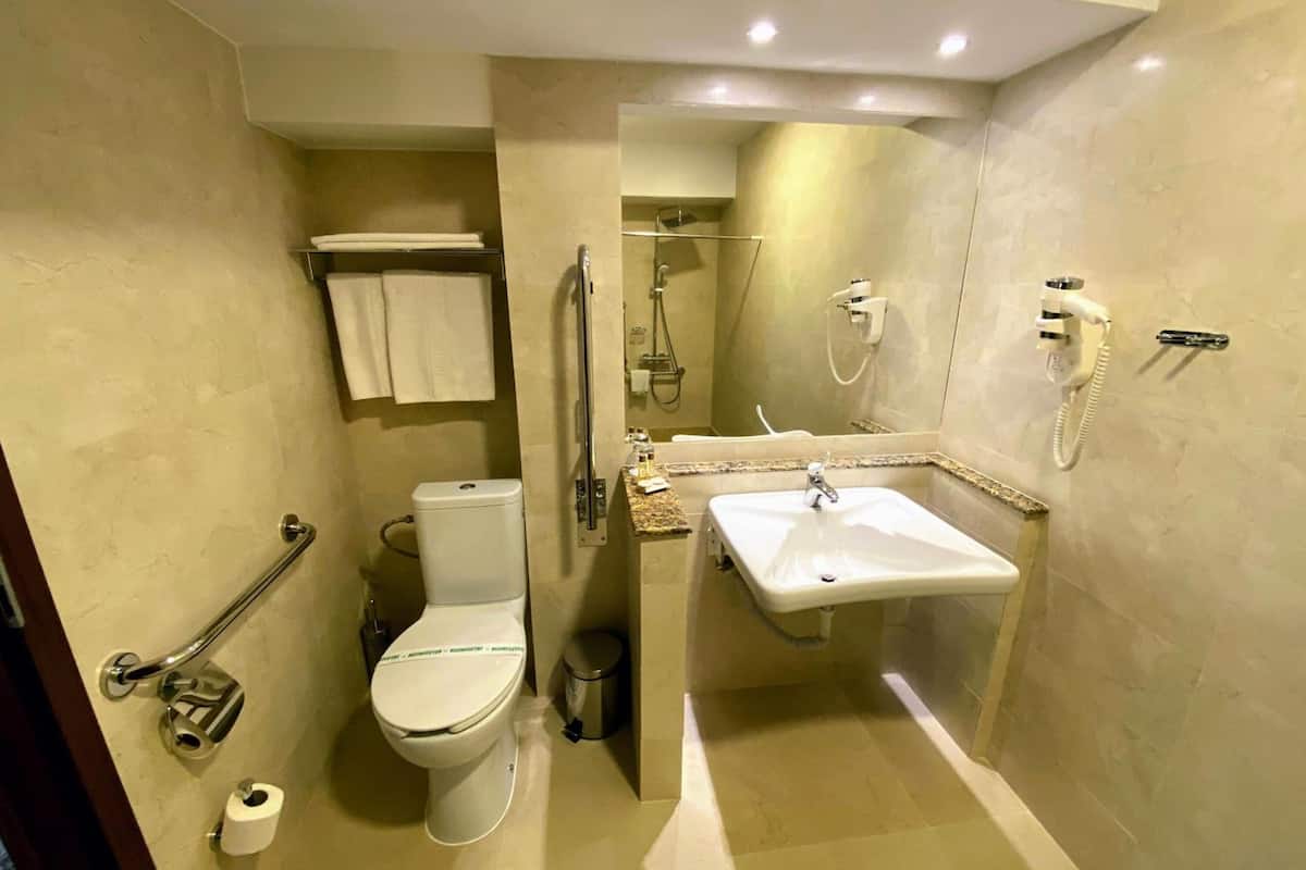 bathtub, free toiletries, hair dryer, towels