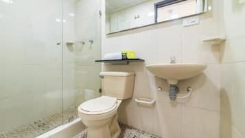 Shower, towels, soap, shampoo