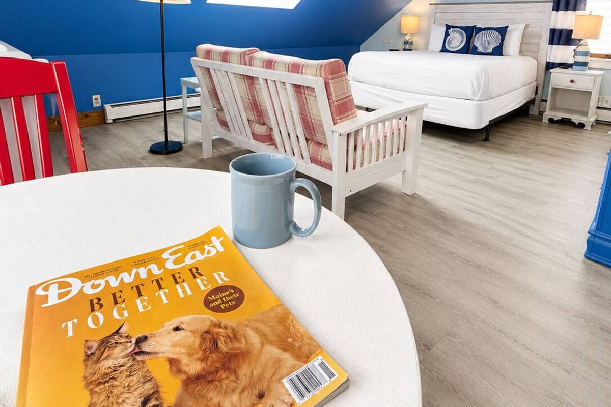 Un dormitorio con una cama, una silla, una mesa con una revista, una lámpara y un tragaluz.