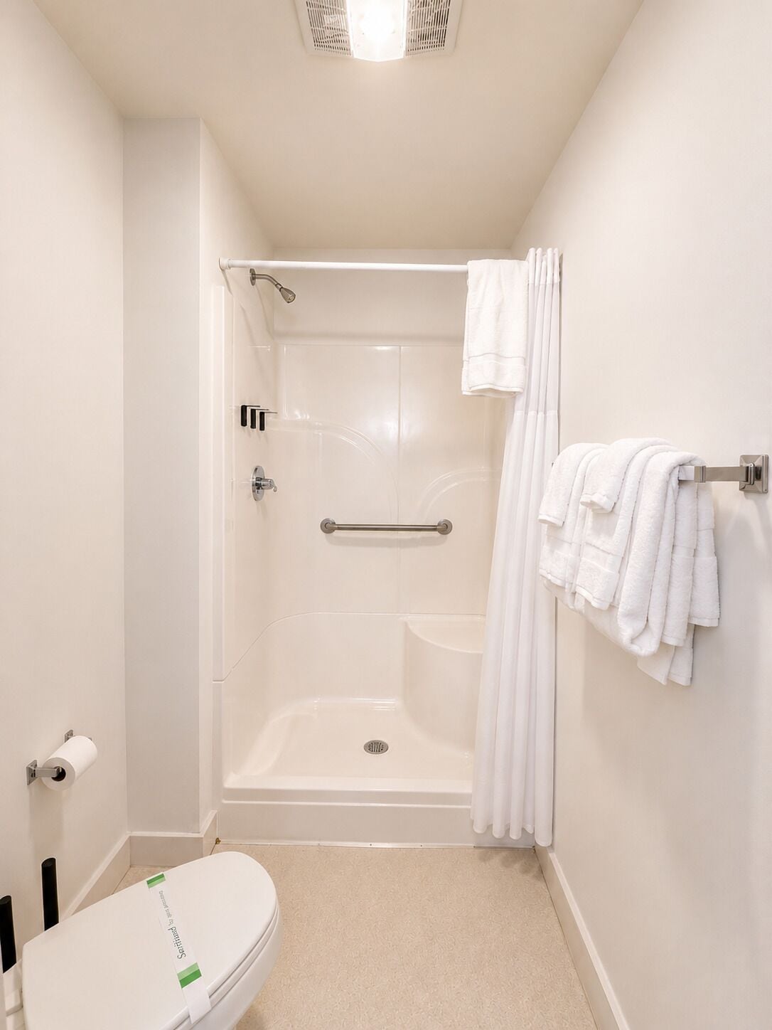 A bathroom with a shower, toilet, and towel rack.