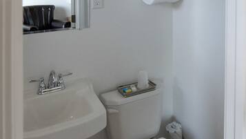 A bathroom with a white sink, toilet, and a trash bin.