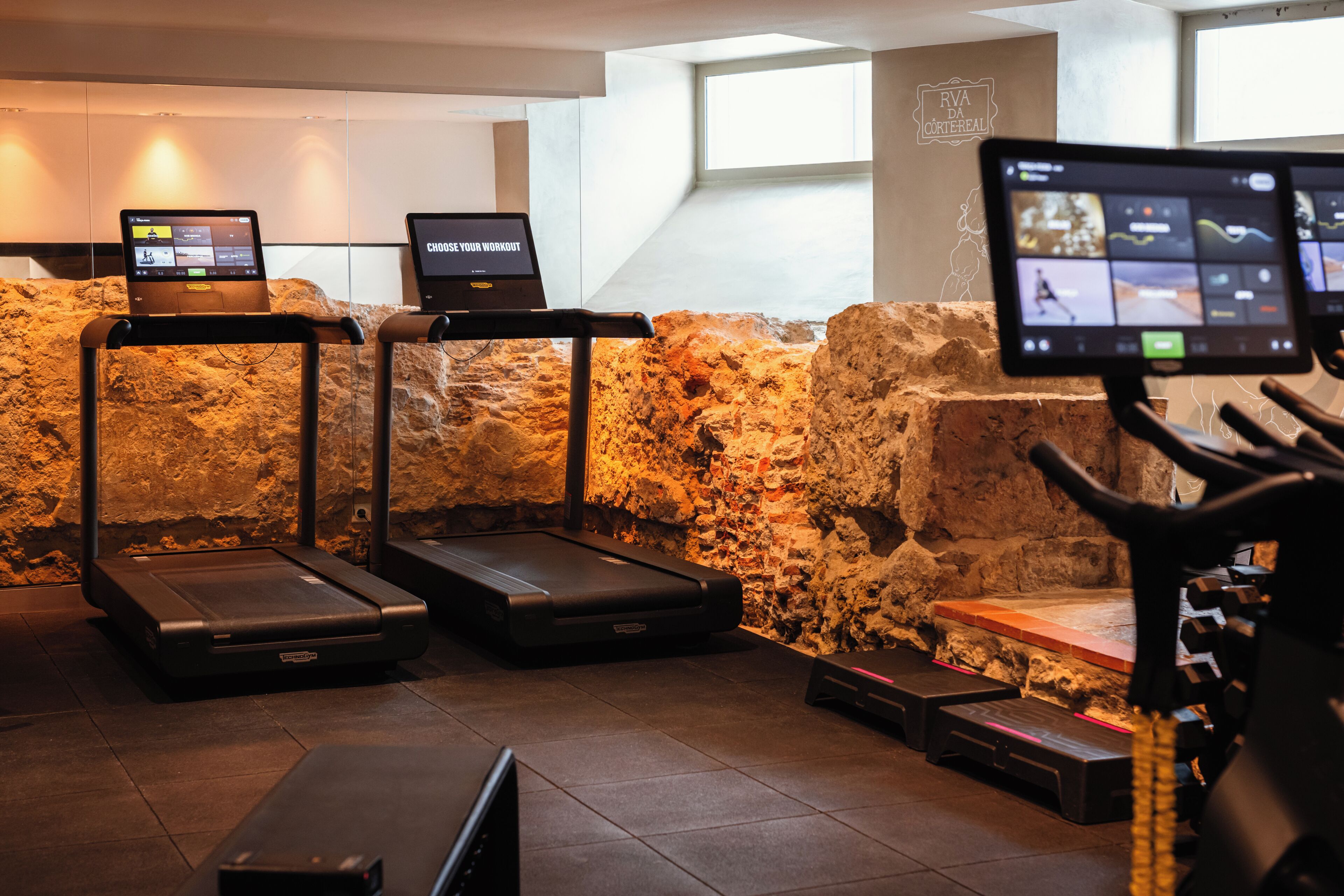 A gym with treadmills, a stationary bike, and a rowing machine.