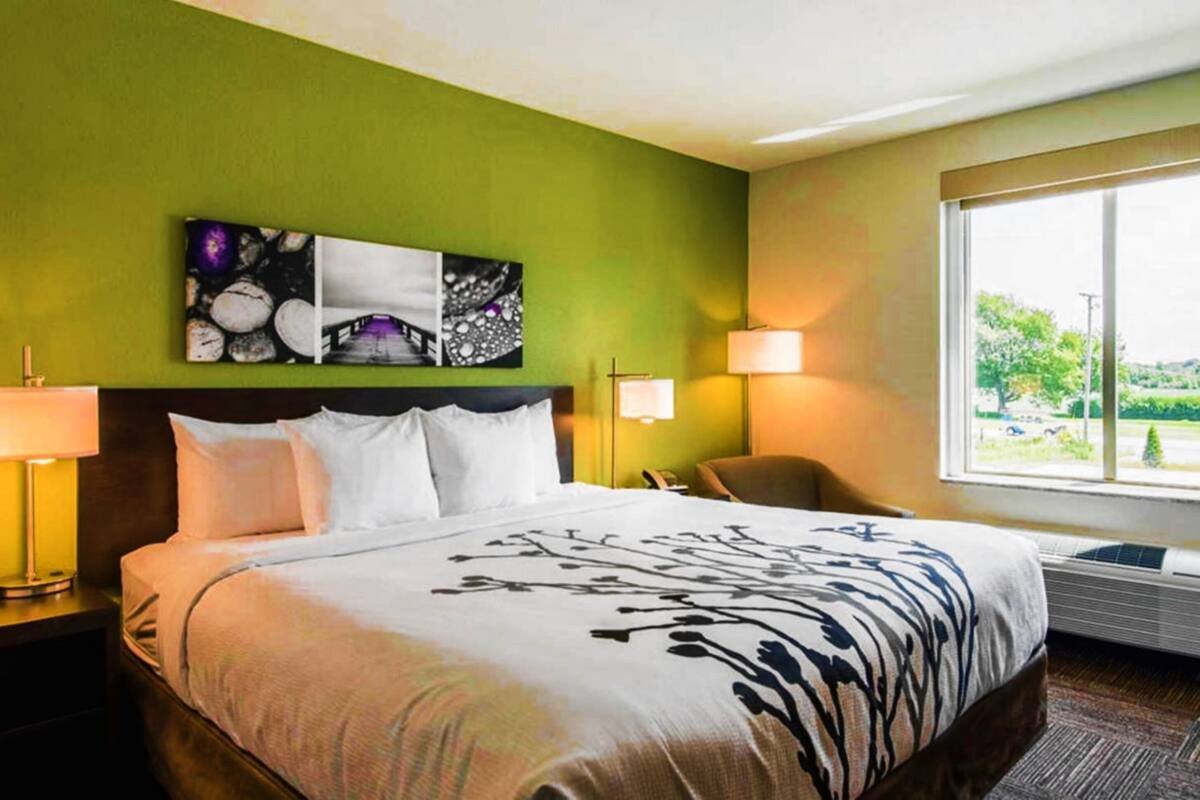Ett hotellrum med en stor säng, två sänglampor, en sänggavel med konstverk och ett fönster med utsikt över grönområden.