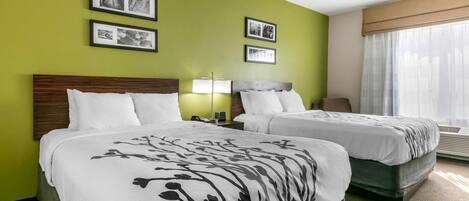 Habitación de hotel con dos camas, una mesita de noche con lámpara, cuadros enmarcados en la pared y una ventana con cortinas.
