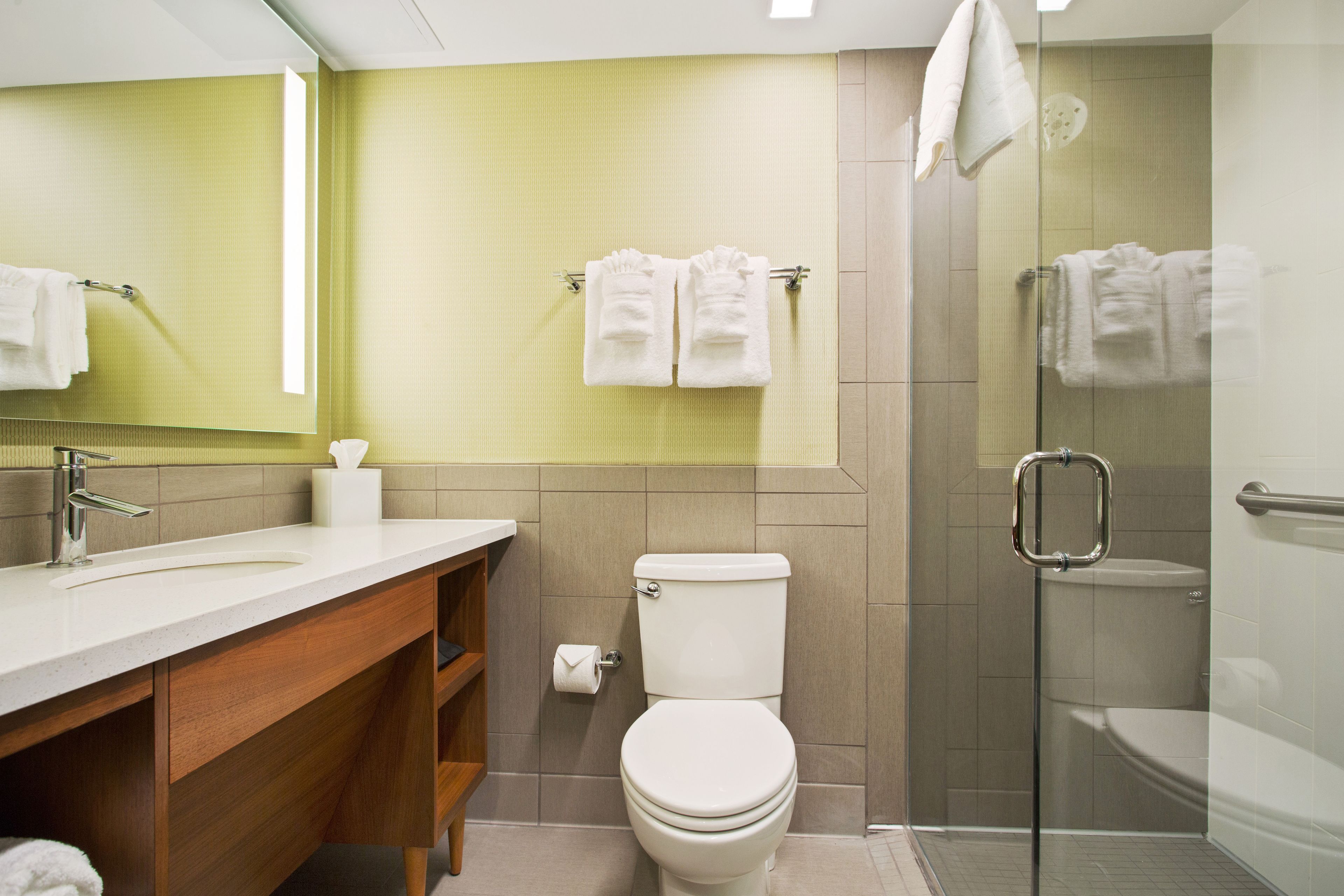 shower, designer toiletries, hair dryer, towels