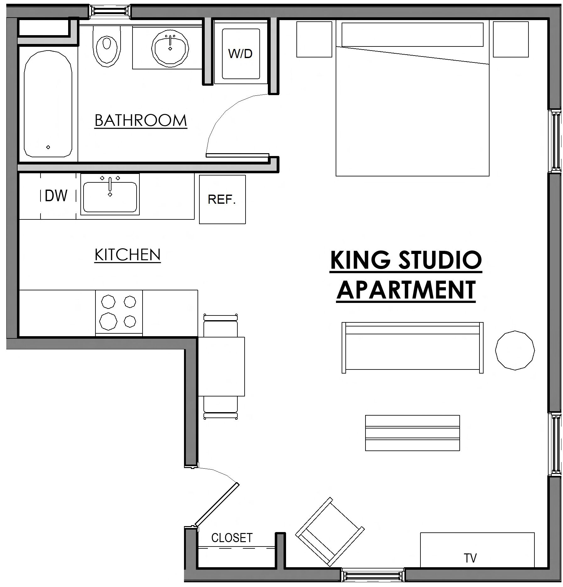 Pianta degli ambienti di un monolocale con bagno, cucina, armadio e area TV.