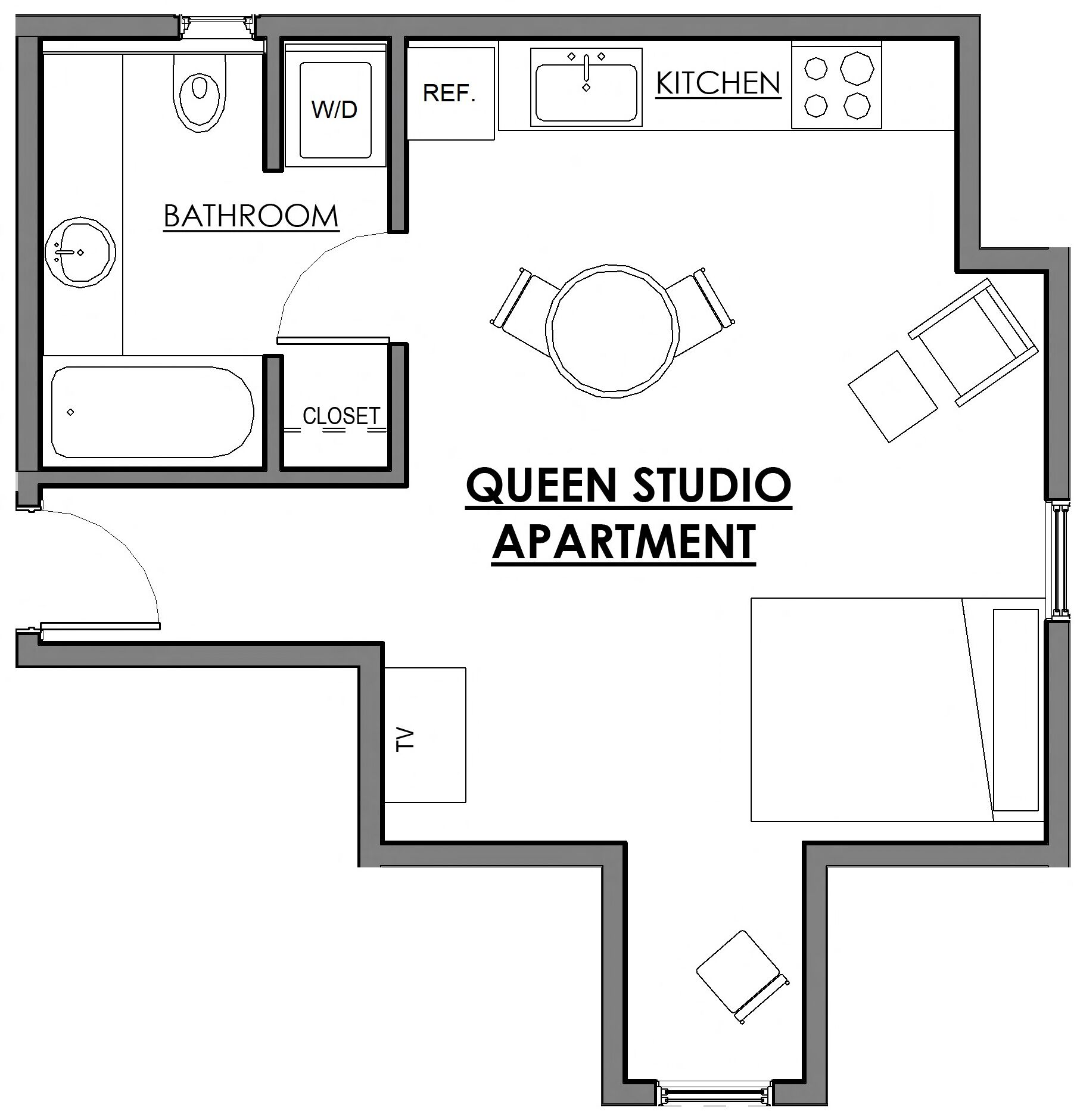 A floor plan of a Queen Studio Apartment with a bathroom, closet, kitchenette, and a TV area.
