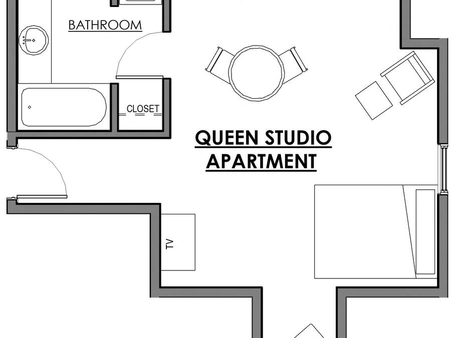 A floor plan of a Queen Studio Apartment with a bathroom, closet, kitchenette, and a TV area.