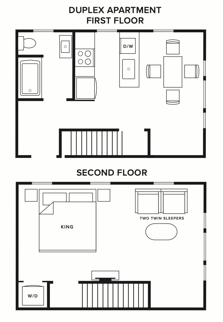 A duplex apartment layout with a kitchen, dining area, and two bedrooms on the first floor, and a king-sized bedroom and two twin bedrooms on the second floor.