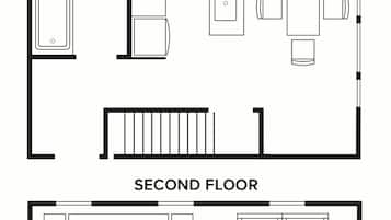 A duplex apartment layout with a kitchen, dining area, and two bedrooms on the first floor, and a king-sized bedroom and two twin bedrooms on the second floor.