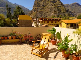 Una terraza con una silla de madera, plantas en macetas y vistas a la montaña.