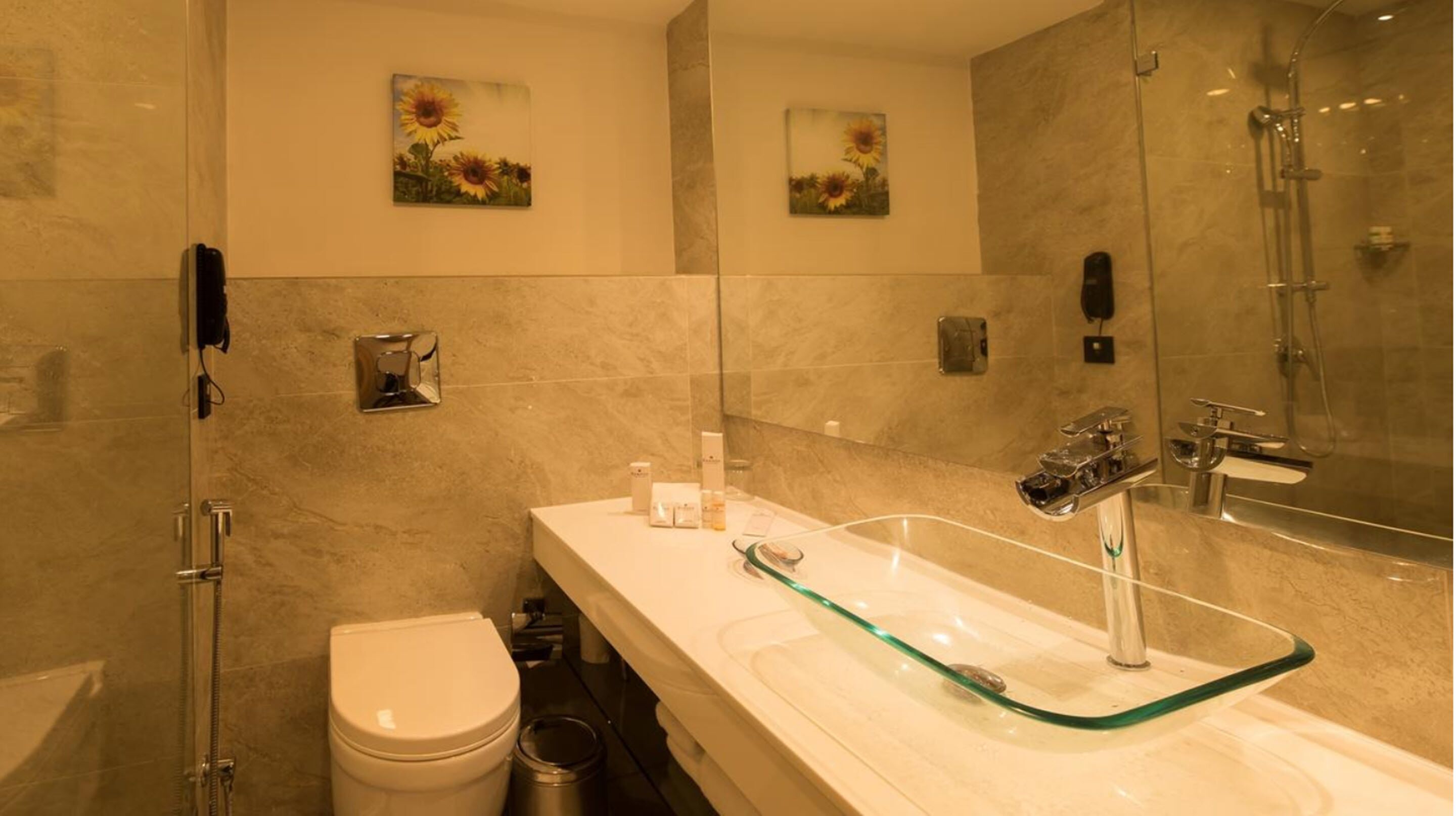 Une salle de bain moderne avec une douche à parois de verre, un lavabo blanc doté d’un receveur en verre et des toilettes.