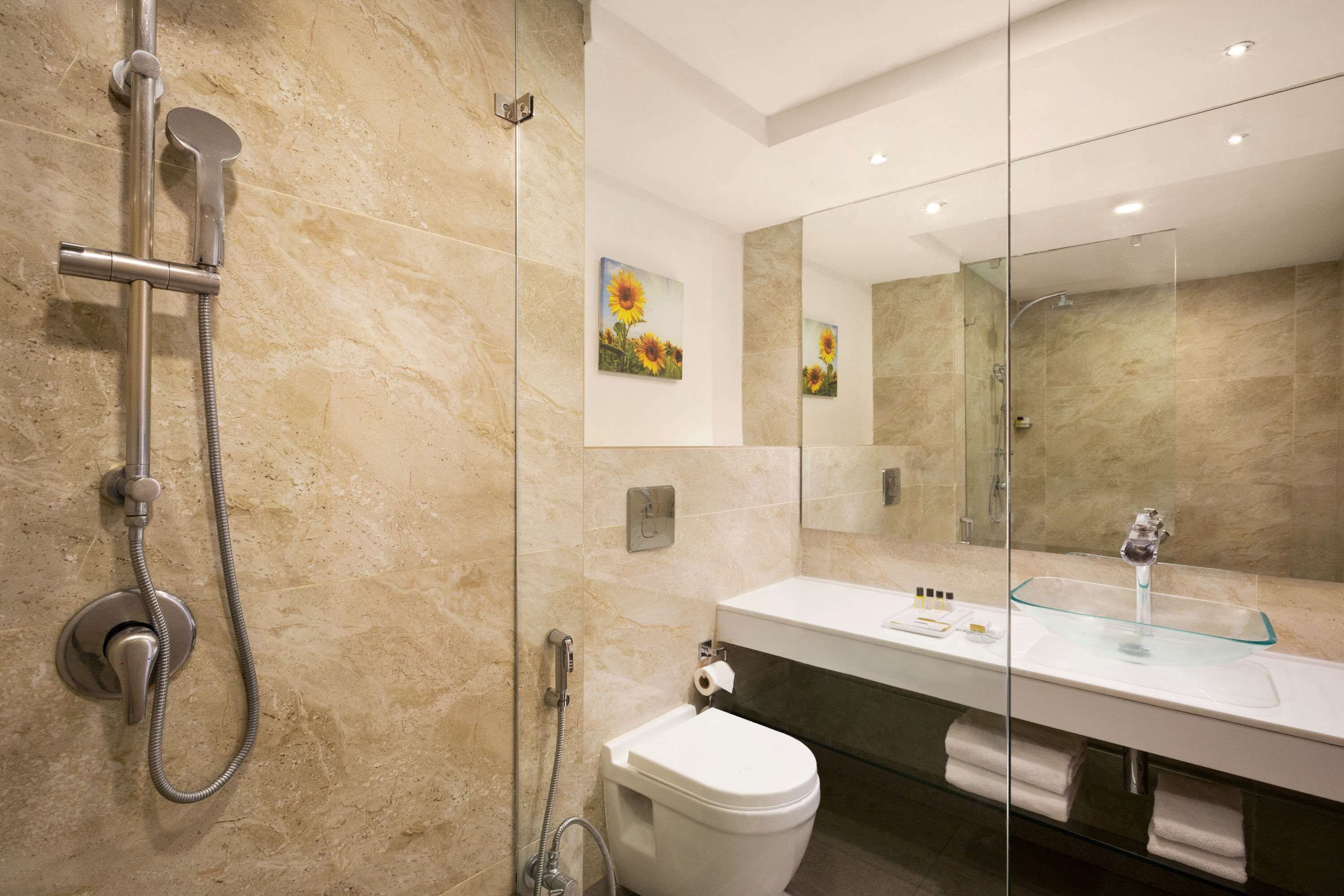 A modern bathroom with a glass shower enclosure, a white toilet, and a large mirror above the sink.