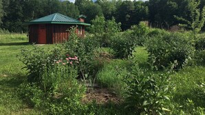 A rustic wooden cabin with a green roof, surrounded by lush greenery and flowering plants. - Cozy, Artistic Retreat Surrounded By Waterfalls, Orchards And Gardens (Newfield)